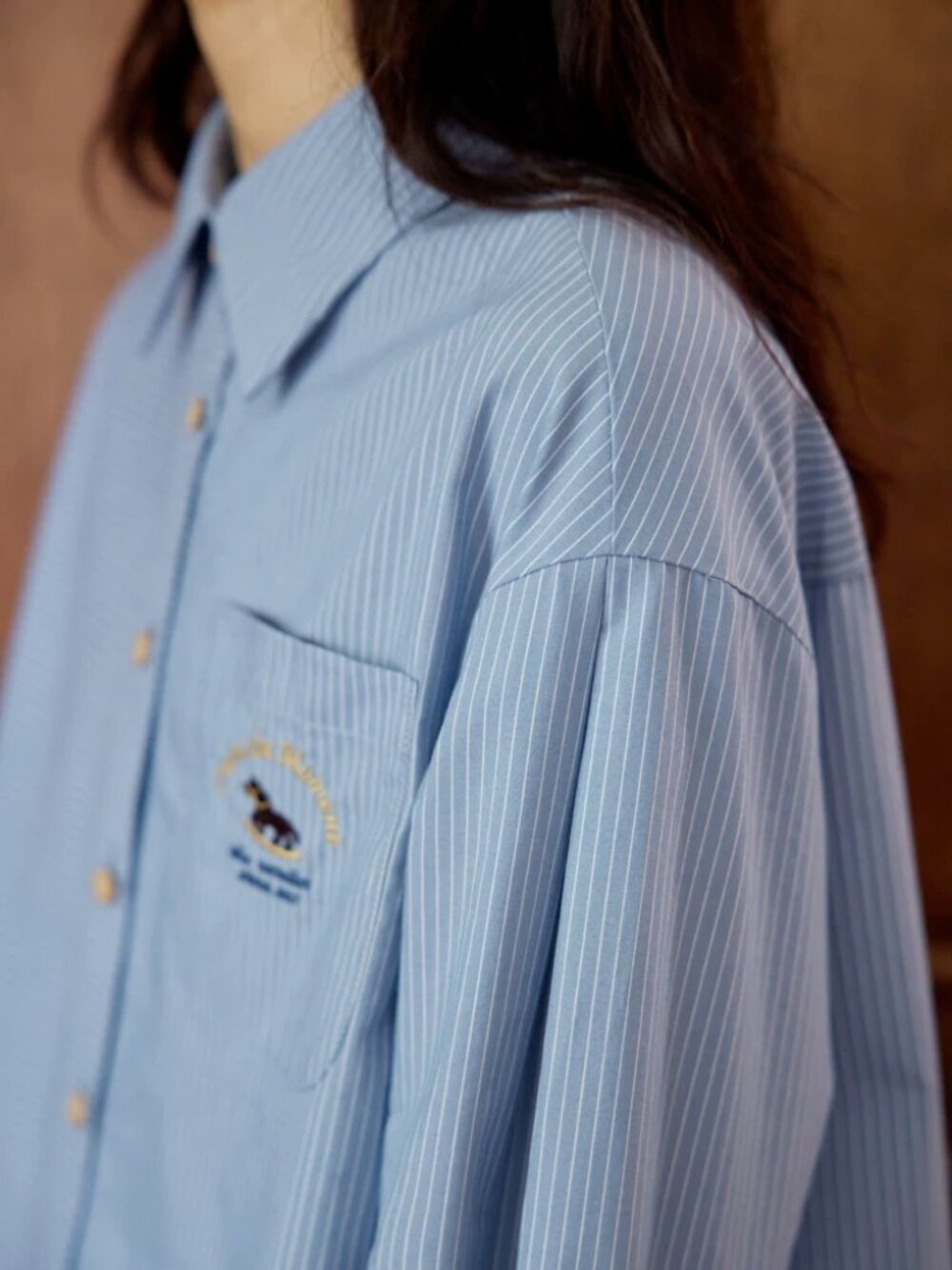 Nov eliste French Literary Style Blue Striped Embroidered Pocket Shirt Size S - Picture 4 of 7